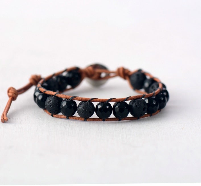 Mens Beaded Leather Mala Bracelet - Black Lava Stone, Red Horn Beads – Sol  Creations